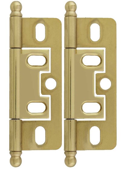 Pair of Solid Brass 2 1/2 inch Non-Mortise Ball-Tip Cabinet Hinges in Polished Brass.